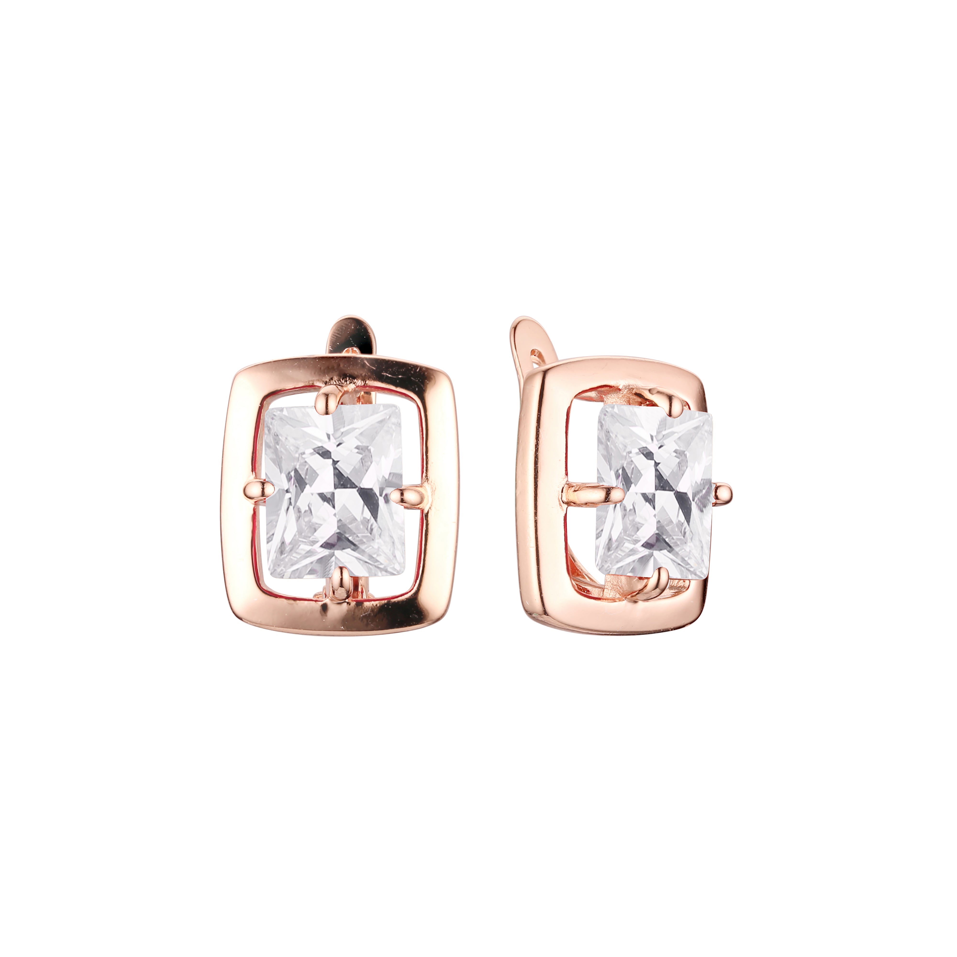 Pendientes rectangulares solitarios con marco y circonitas grandes en oro rosa