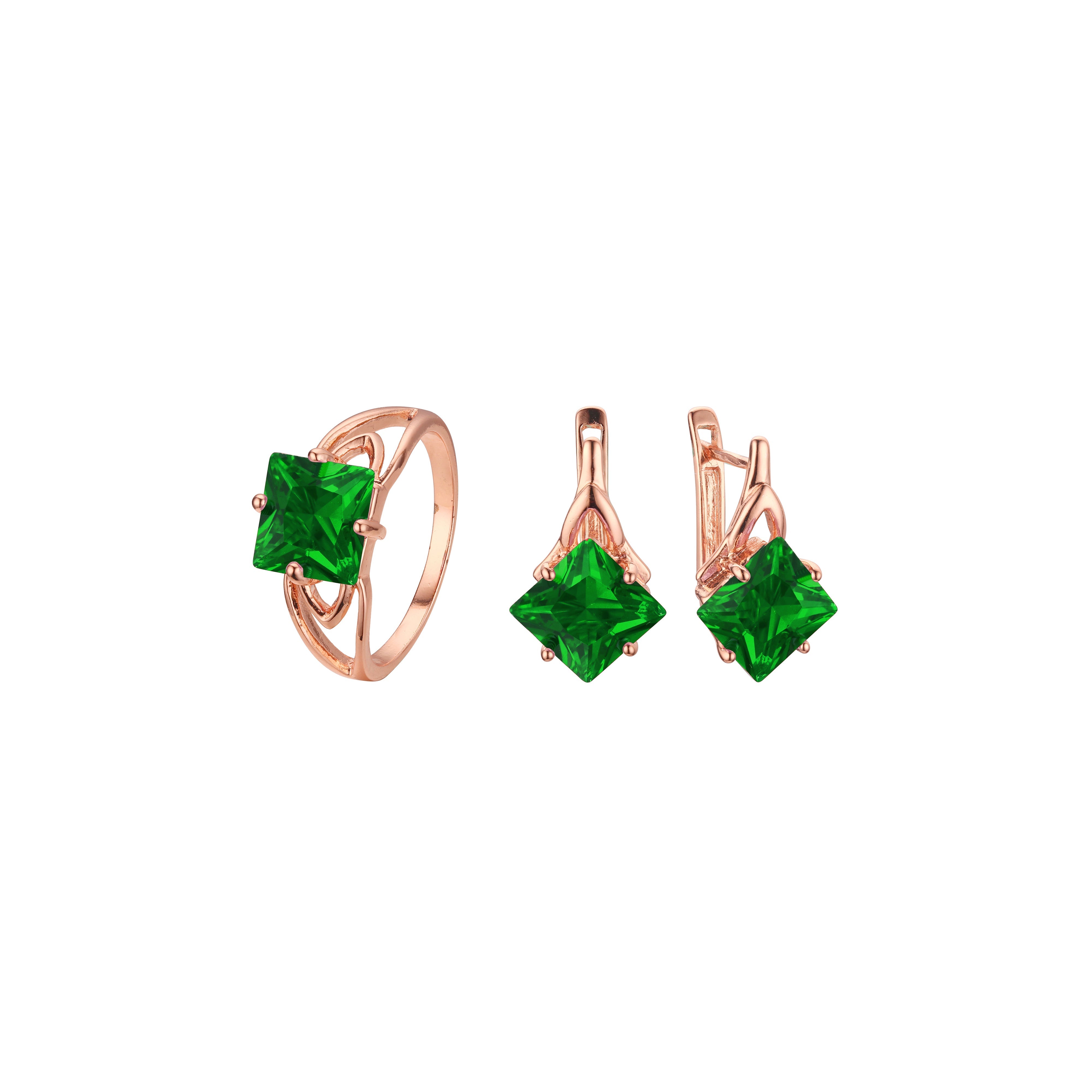 Anéis solitários de pedra lapidada em esmeralda ouro 14K, conjunto de joias em ouro branco