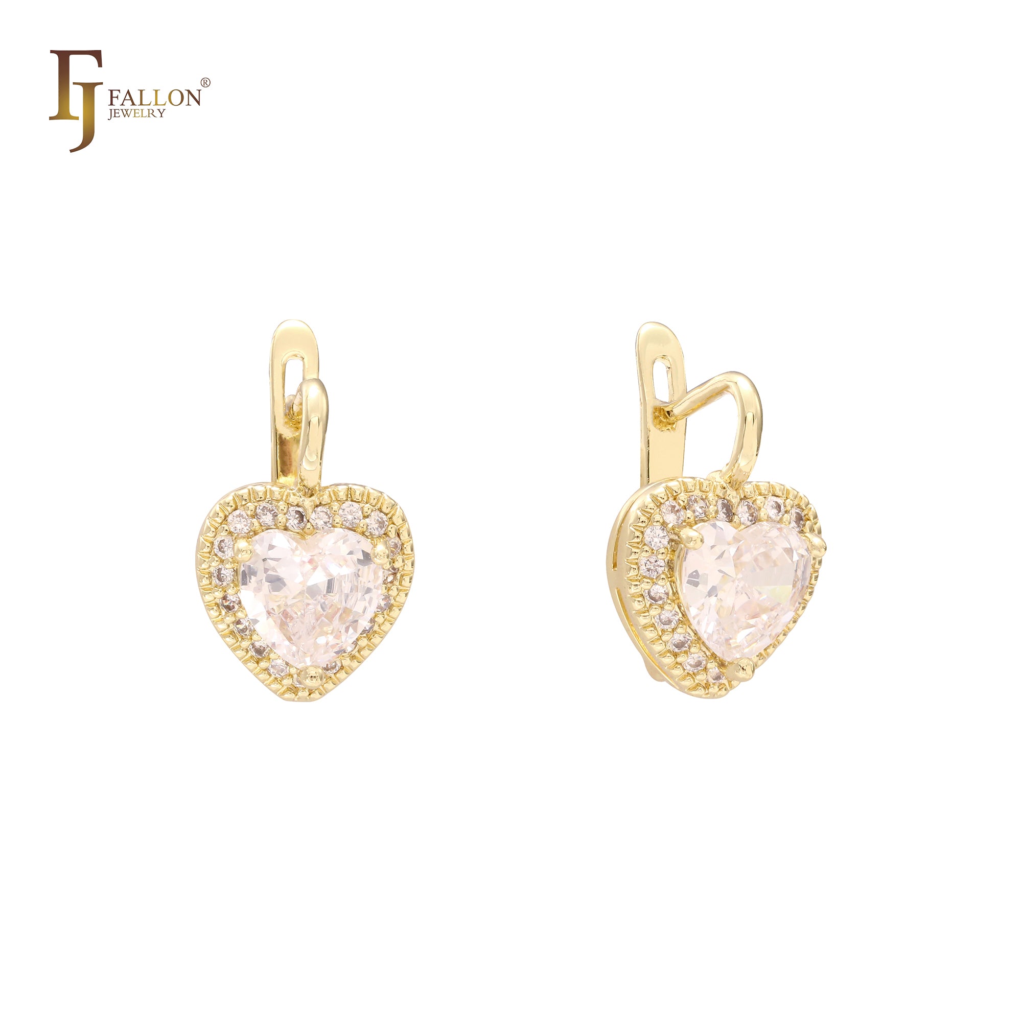 Heart solitaire white CZs halo 14K Gold Earrings