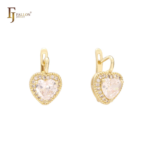 Heart solitaire white CZs halo 14K Gold Earrings