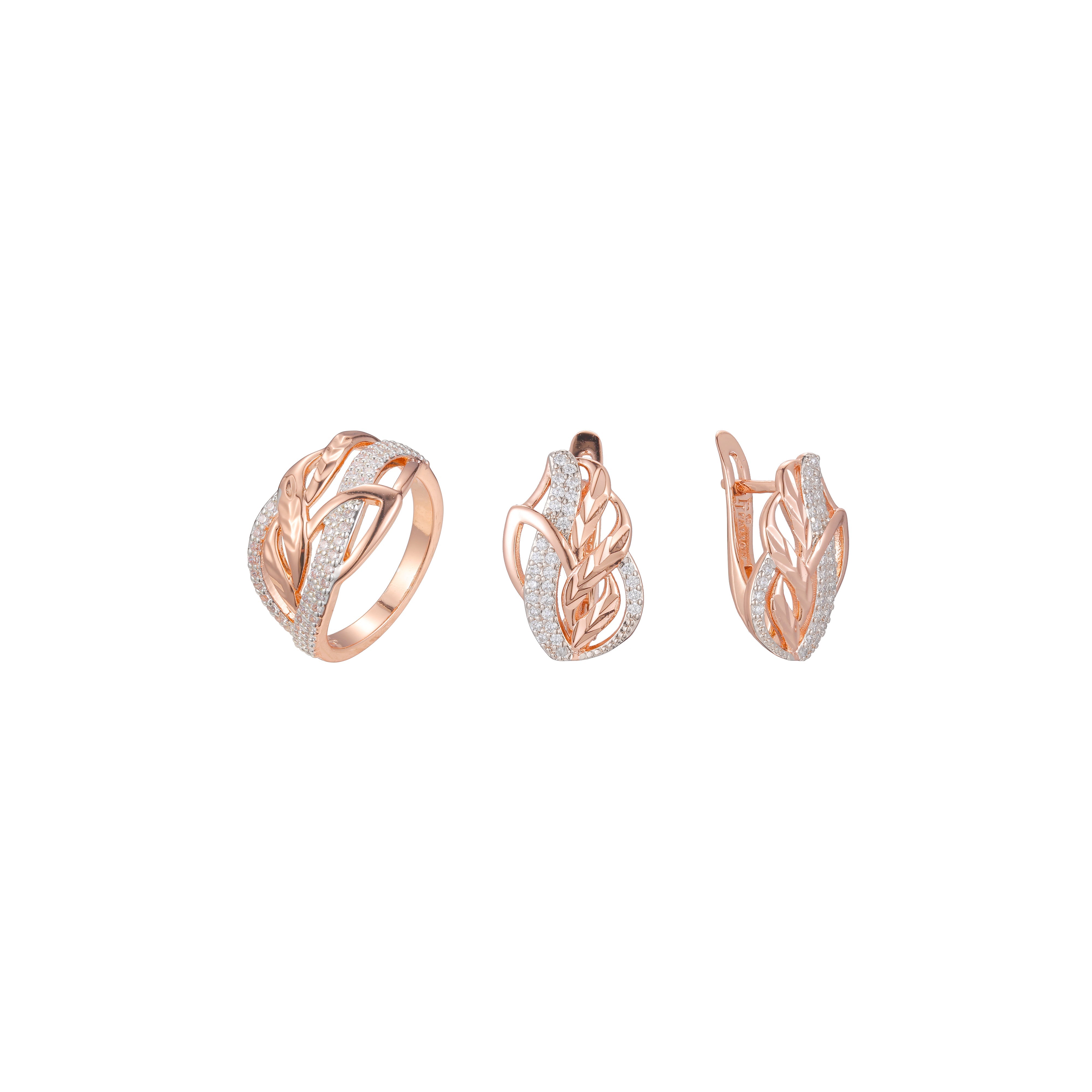 Schmuckset aus ¨¹berkreuzten, mit Steinen gepflasterten Ringen, vergoldet in den Farben Ros¨¦gold