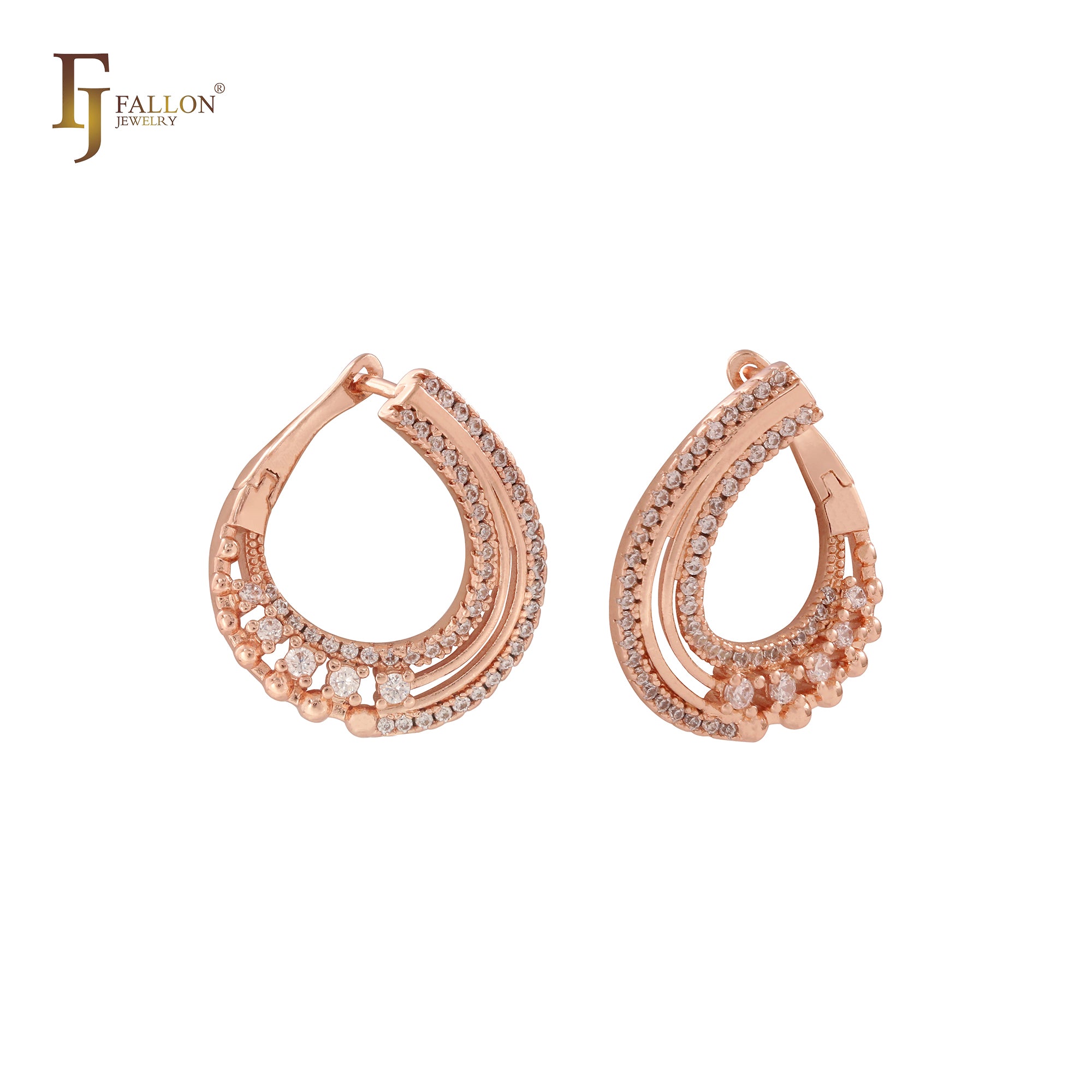 Brincos de zircônia cúbica branca com pavê torcido em ouro branco e ouro rosa