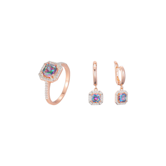 Solitaire halo 彩色宝石首饰套装，镀玫瑰金两种色调