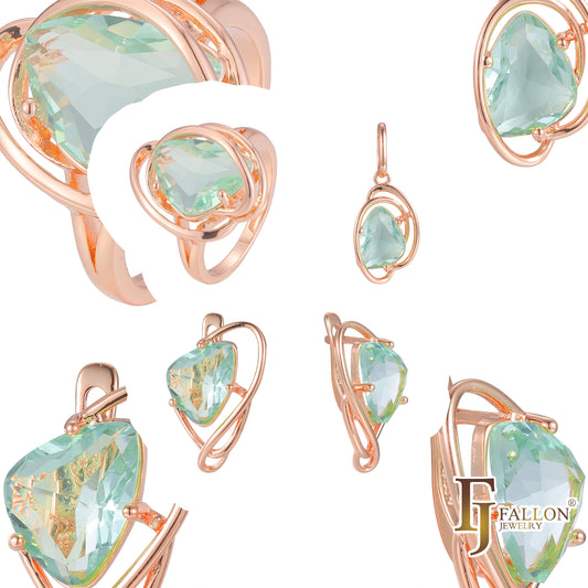 .Conjunto de solitário verde-maçã de pedra grande em ouro rosa abraçado por cabo