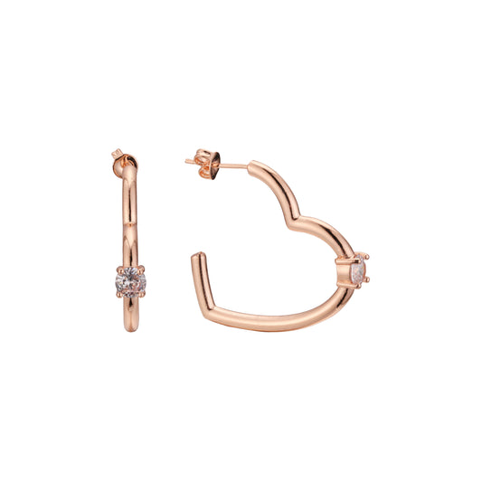 C hoop heart solitaire earrings in 14K Gold, Rose Gold plating colors
