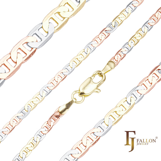 {3 トーン} クラシック マリナー ロッド リンク 3 トーン チェーン、14K ゴールド、ローズゴールドメッキ