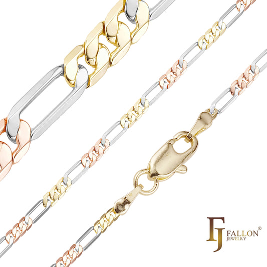 Enlace Figaro clásico de tres tonos de oro de 14 quilates y cadenas de oro rosa
