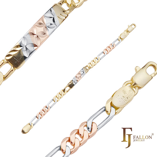 Figaro link 14K 金，两色，三色男士四叶草 ID 手链