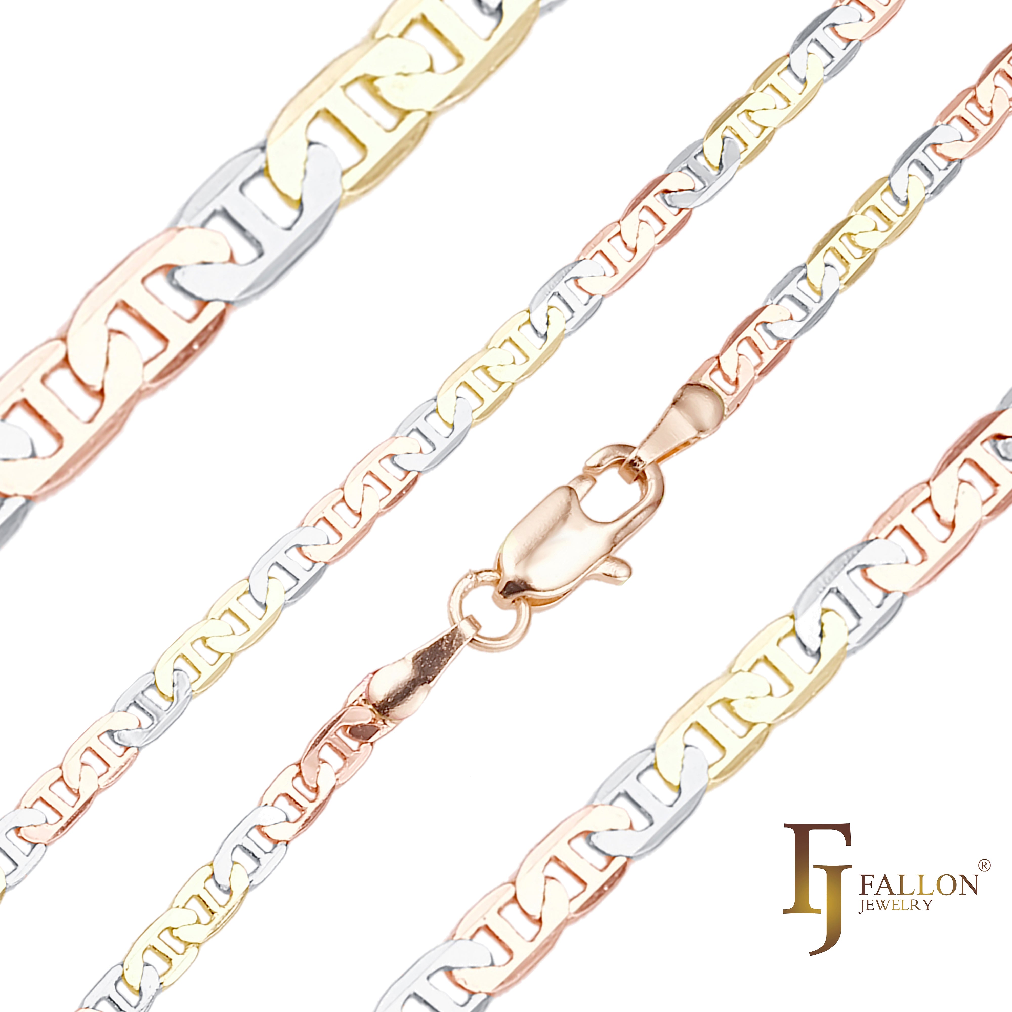 {3 Tone} Dreifarbige klassische Mariner-Stabgliederketten mit 14-Karat-Gold- und Roségoldbeschichtung