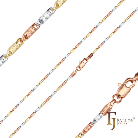 Cadenas cilíndricas con eslabones de caracol macizos chapadas en Oro 14K, oro rosa, tres tonos