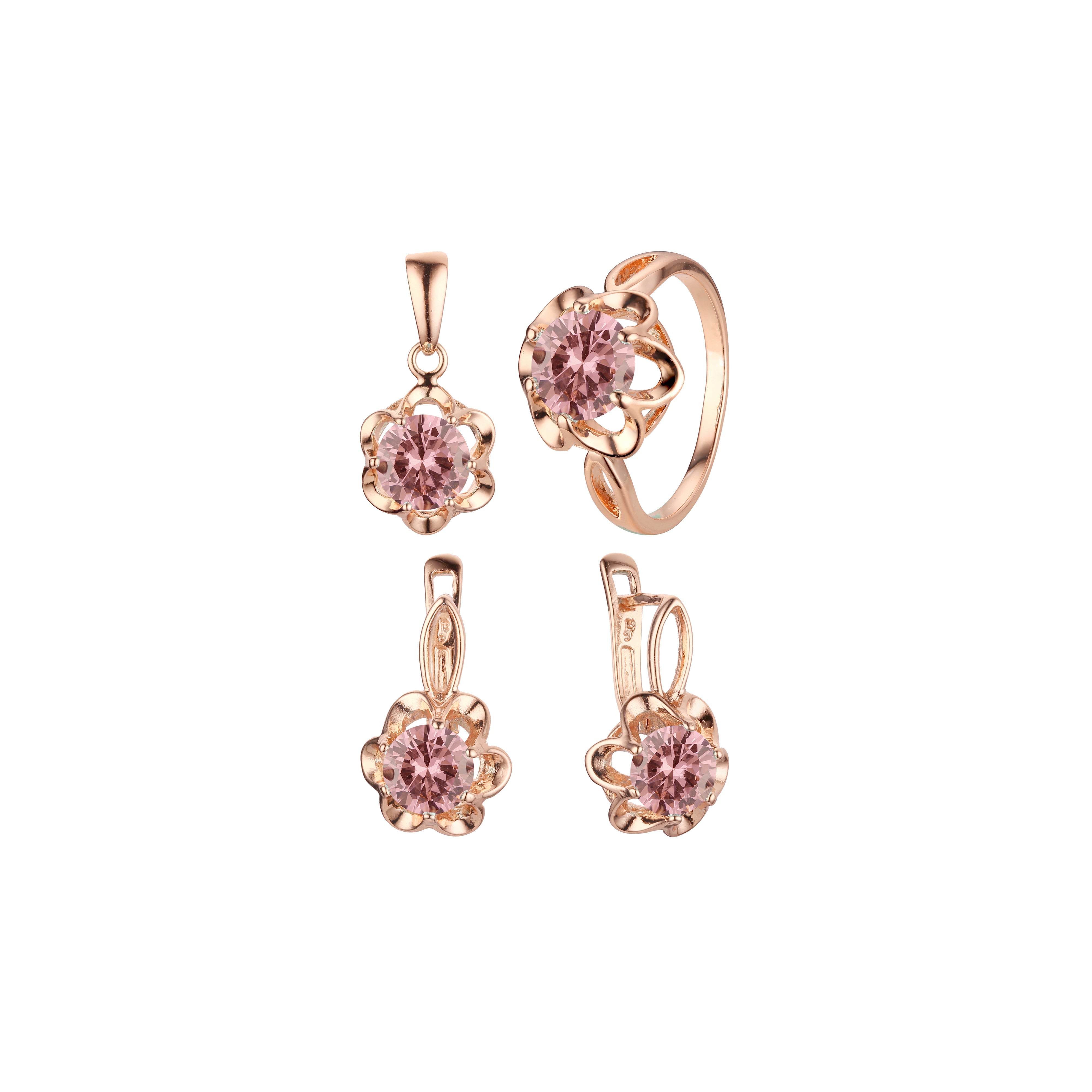 Conjunto de anéis de pedra grande com flor solitária e conjunto de joias com pingente banhado em ouro rosa