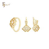 Conjunto de joias de ouro 14K com losango duplo branco CZs com anéis