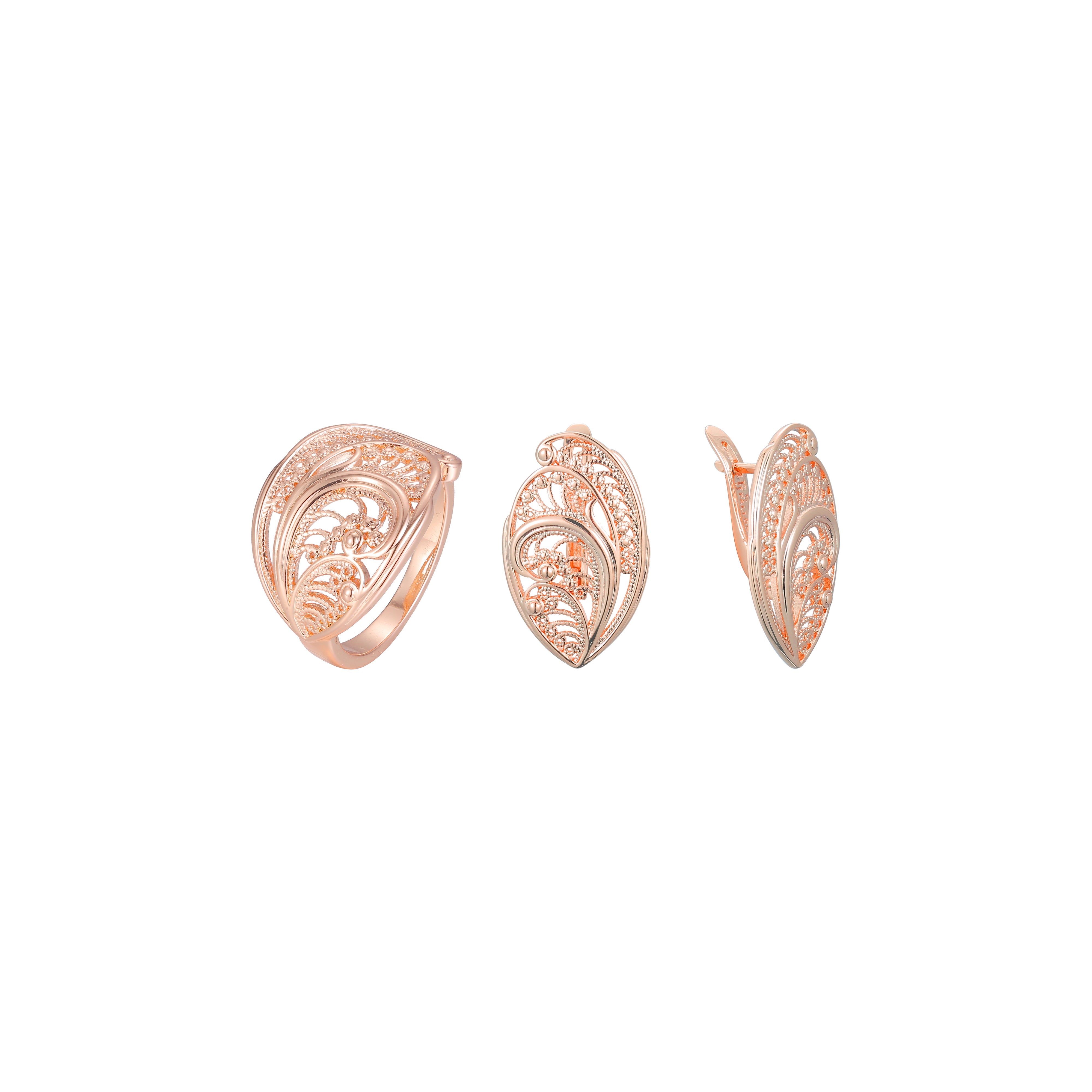 Conjunto de joias de anéis de filigrana renascentistas banhados em ouro rosa