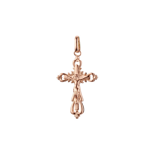 ローズゴールドと 14K ゴールドメッキカラーのカトリッククロスつぼみペンダント