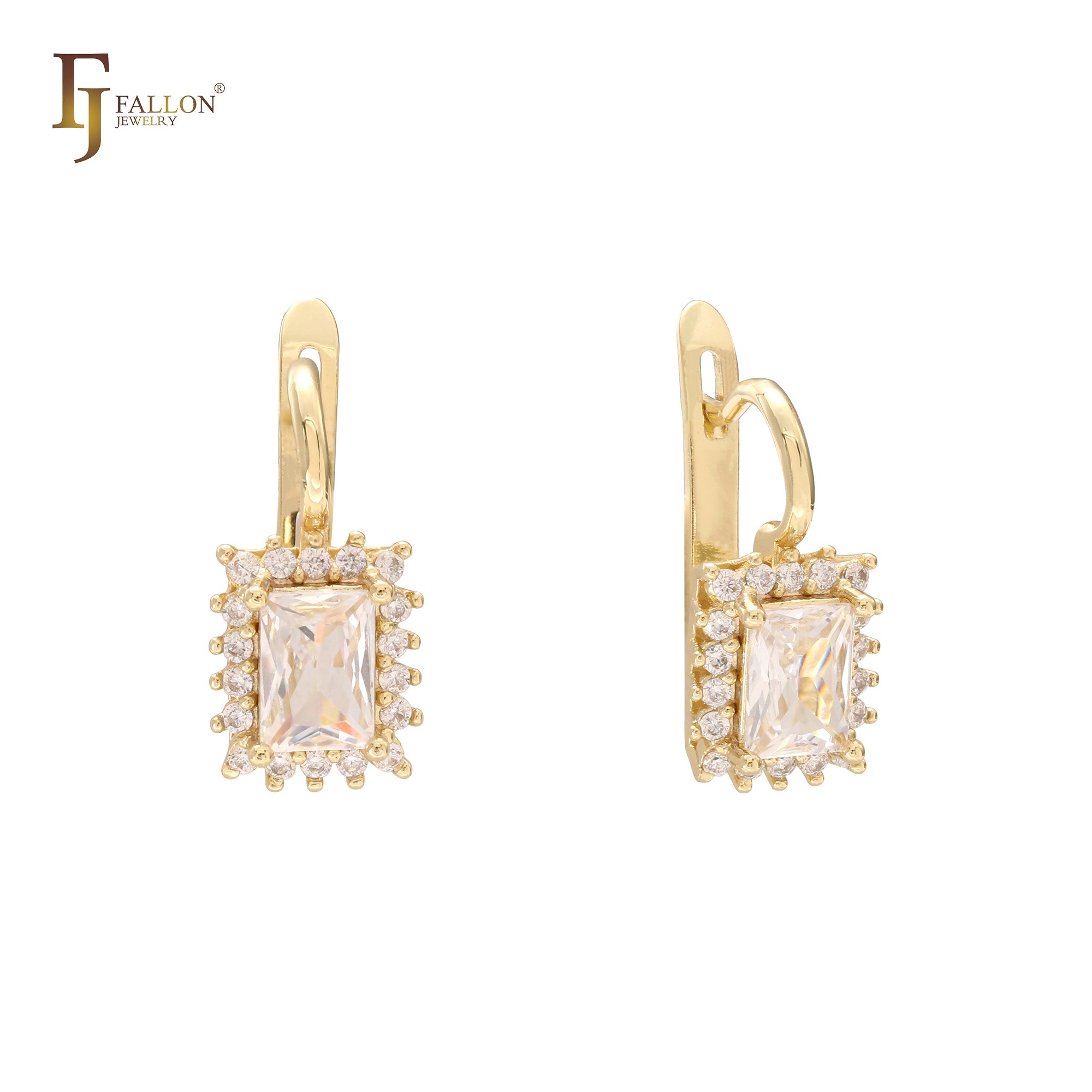 Brincos de zircônias cúbicas com corte almofada e halo branco em ouro 14K, ouro rosa e ouro branco