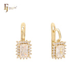 Brincos de zircônias cúbicas com corte almofada e halo branco em ouro 14K, ouro rosa e ouro branco