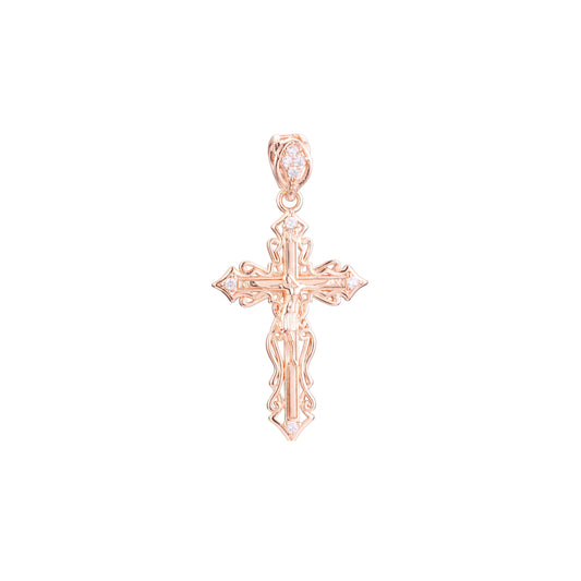 ローズゴールドと 14K ゴールドメッキカラーのカトリッククロスつぼみペンダント