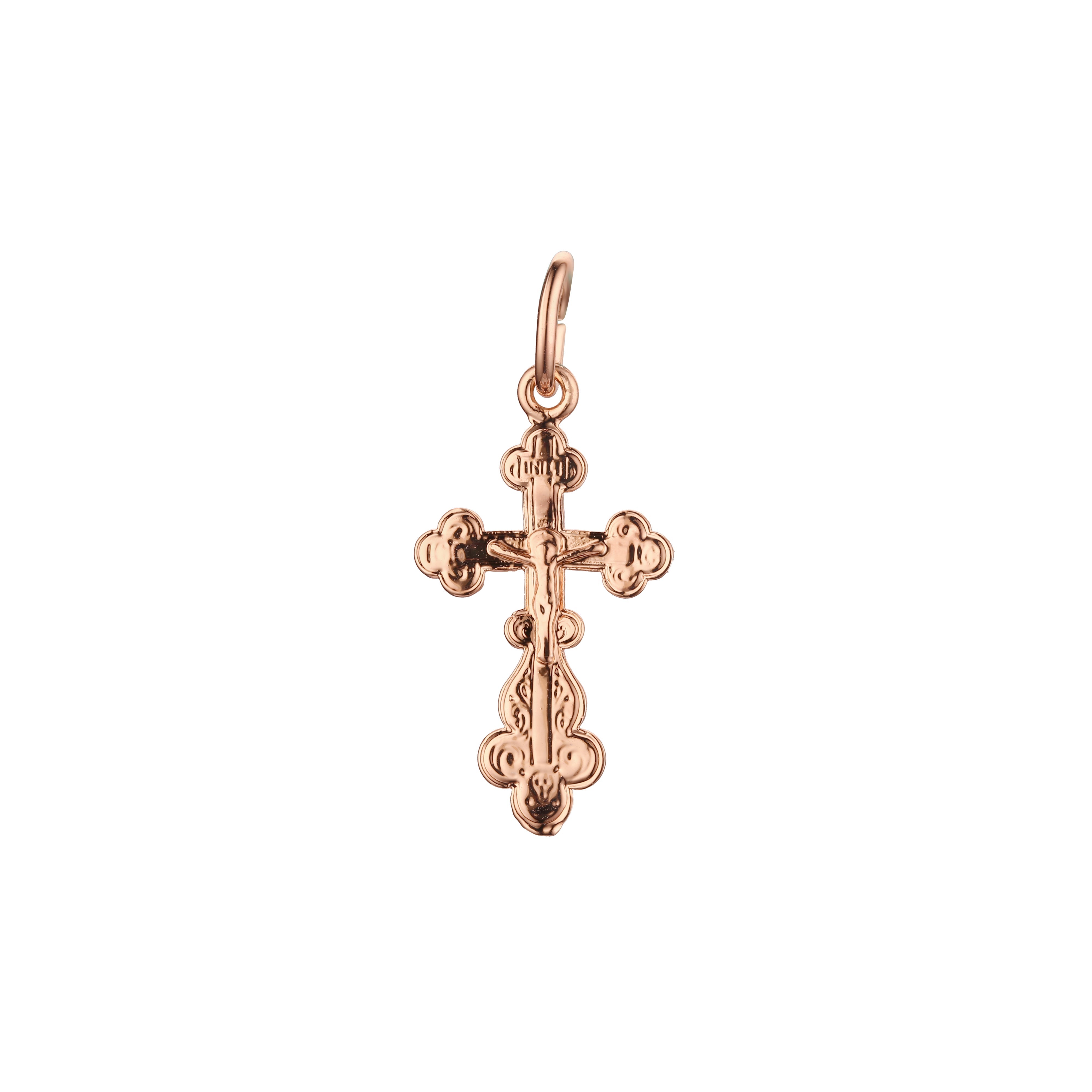 14K ゴールド、ローズゴールド、ホワイトゴールドメッキカラーのカトリッククロスつぼみペンダント