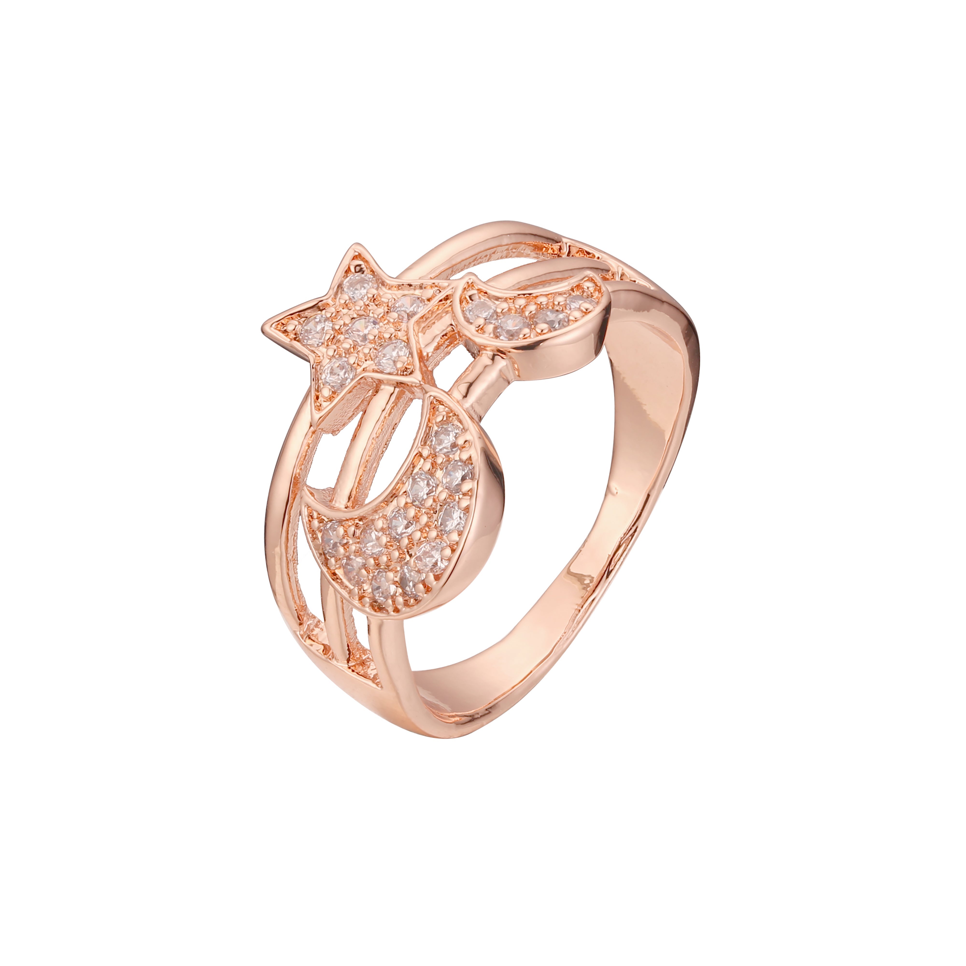 Anillos con diseño liso de estrella y luna en Oro 14K, colores con baño de oro rosa.