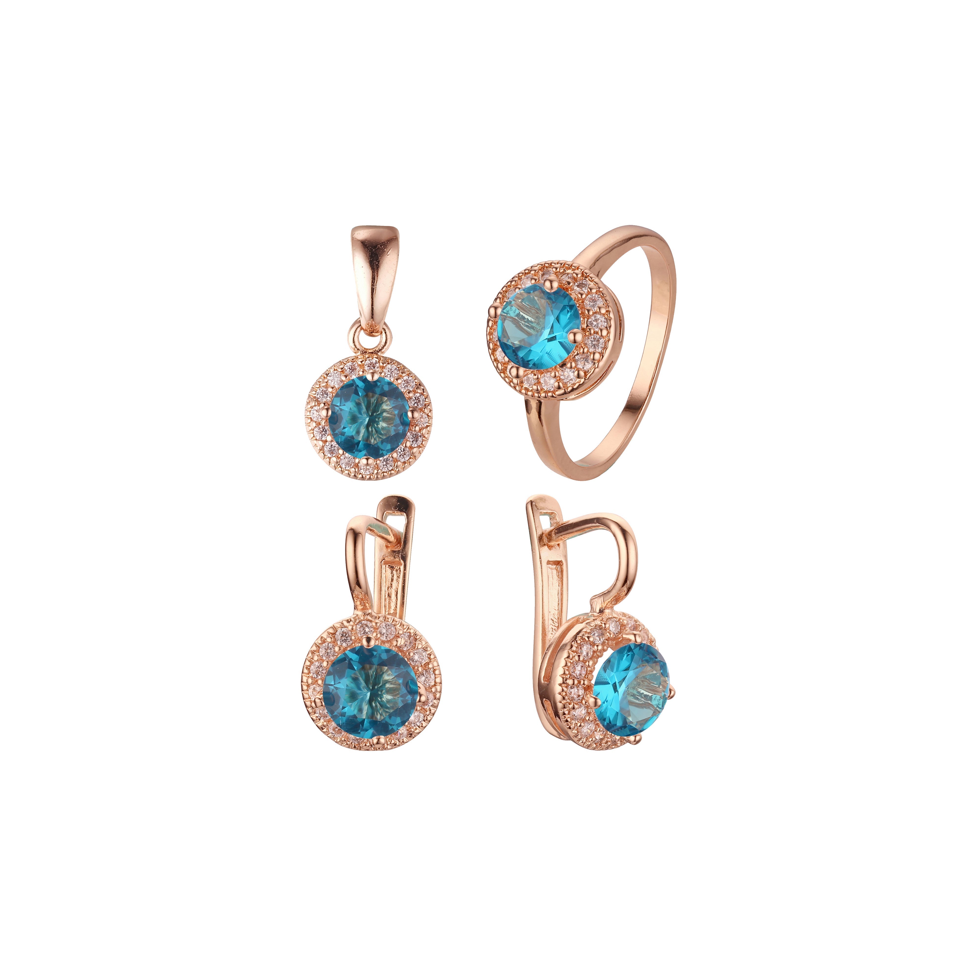 .Rosa's Halo - Big round colorful halo cz Rose Gold plated rings and pendant jewelry set