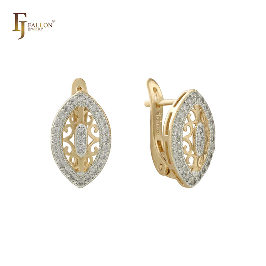 榄尖形花丝光环白色 CZ 14K 金双色耳环