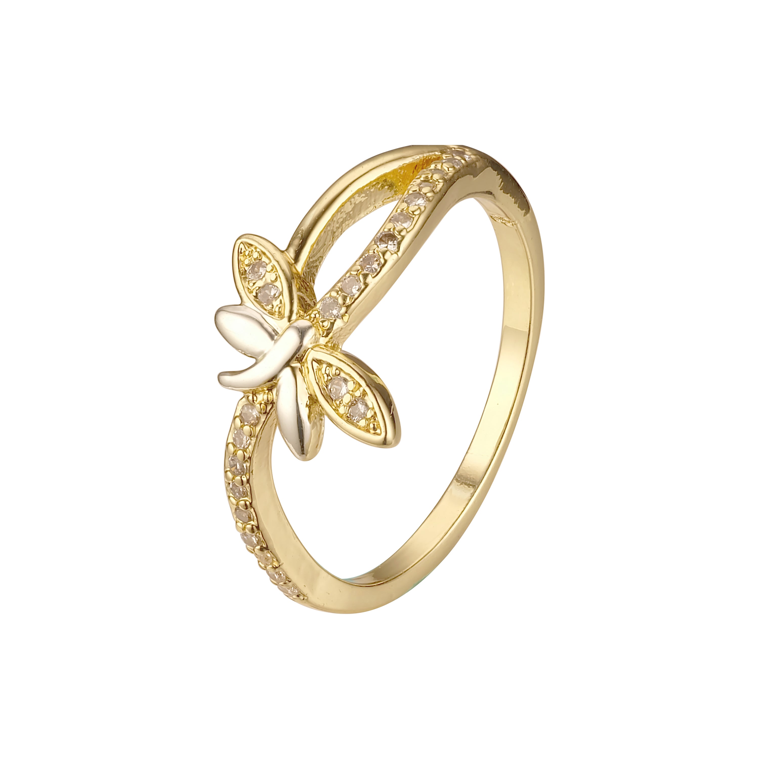 14K Gold dragonfly rings paving