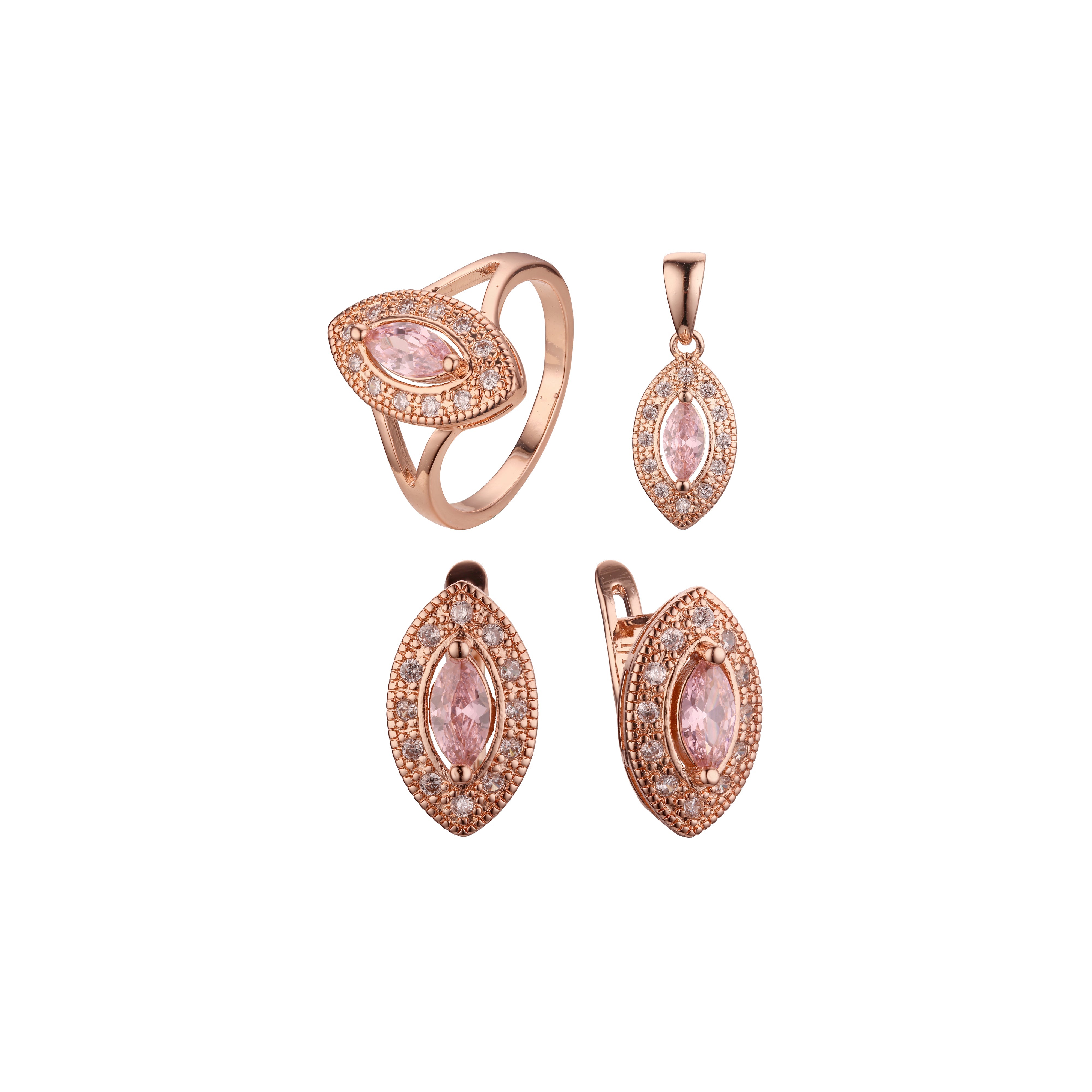 Juego de joyas con piedras grandes Halo Marquise chapado en Oro 14K, oro rosa