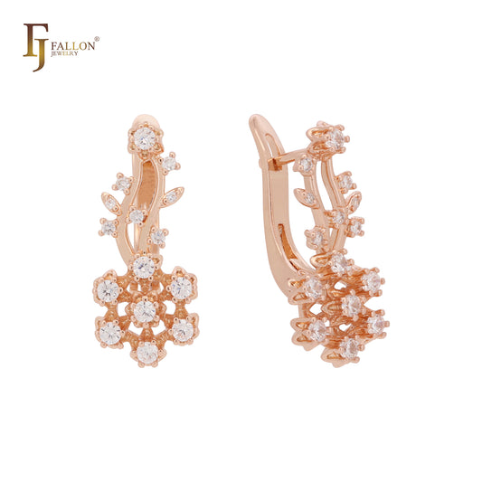 Cluster white Flower CZs 14K Gold two tone earrings