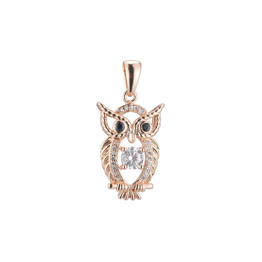 Owl animal pendant in 14K Gold, Rose Gold, 18K Gold plating colors