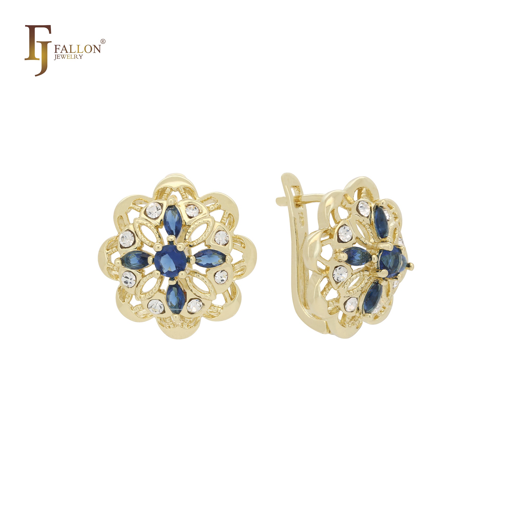 Brincos Cluster Flower branco e azul CZs em ouro 14K