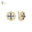 Brincos Cluster Flower branco e azul CZs em ouro 14K