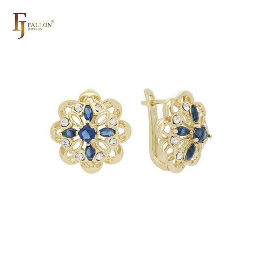 Cluster Flower white and blue CZs 14K Gold earrings