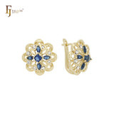 Brincos Cluster Flower branco e azul CZs em ouro 14K
