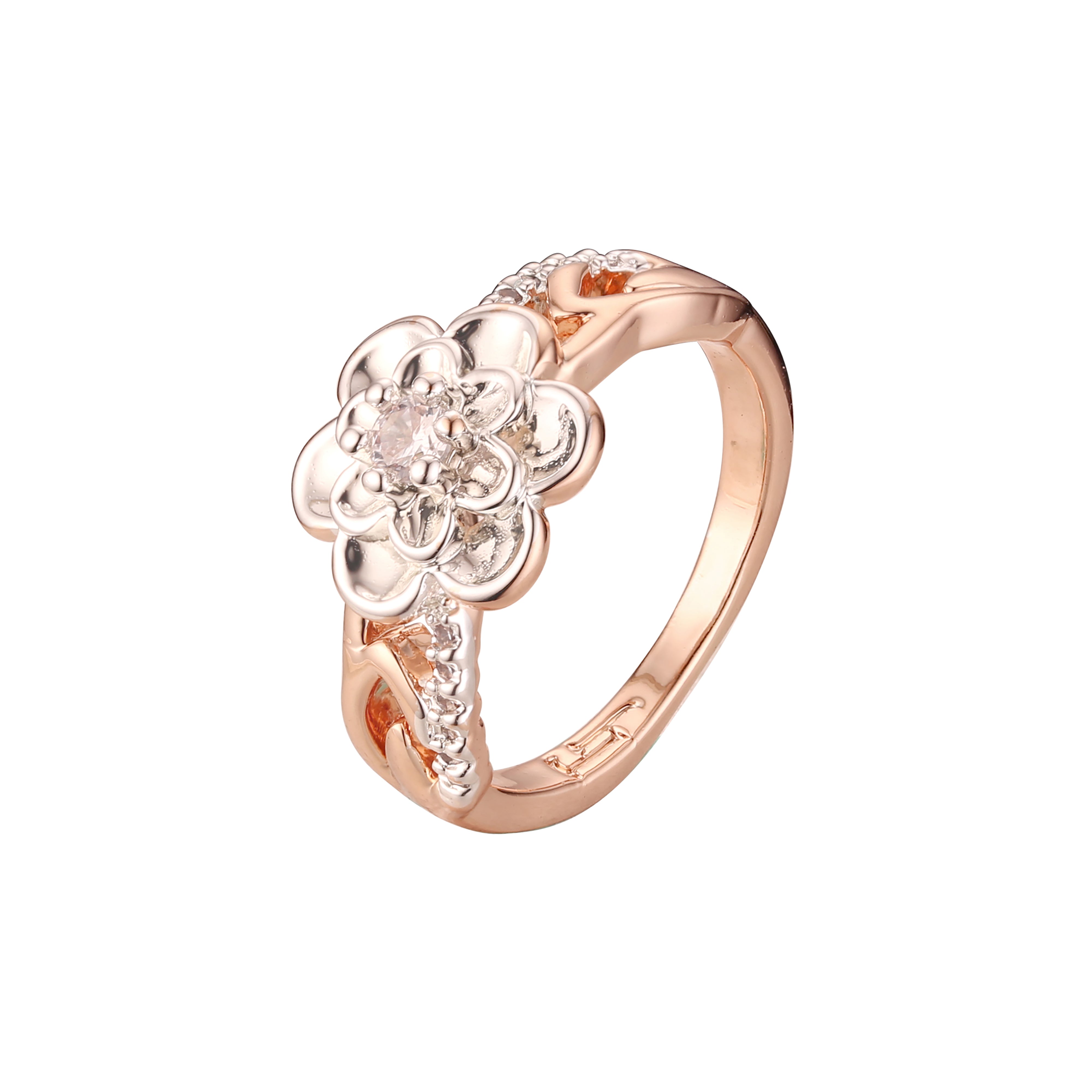 Anillos de moda de dos tonos de oro rosa con flor.
