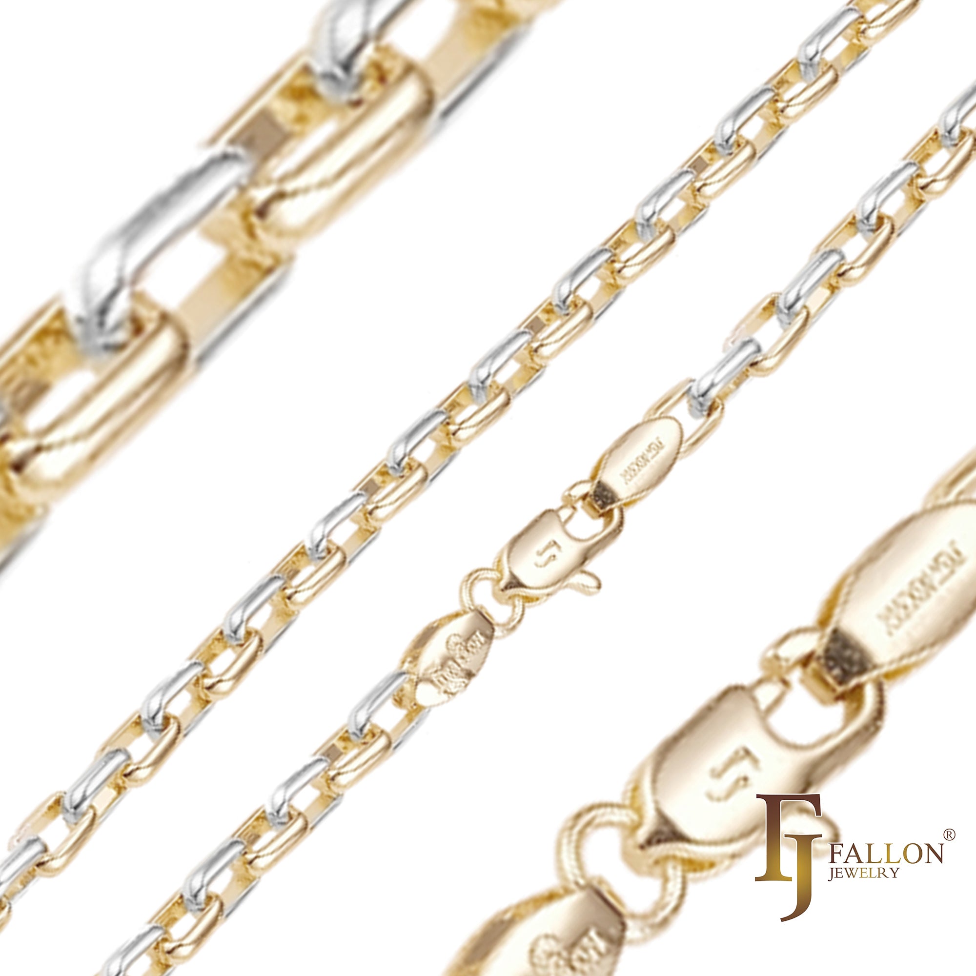 ホワイトゴールド、18K ゴールド、14K ゴールド、ローズゴールド、ツートンメッキの長方形の丸いボックス リンク チェーン