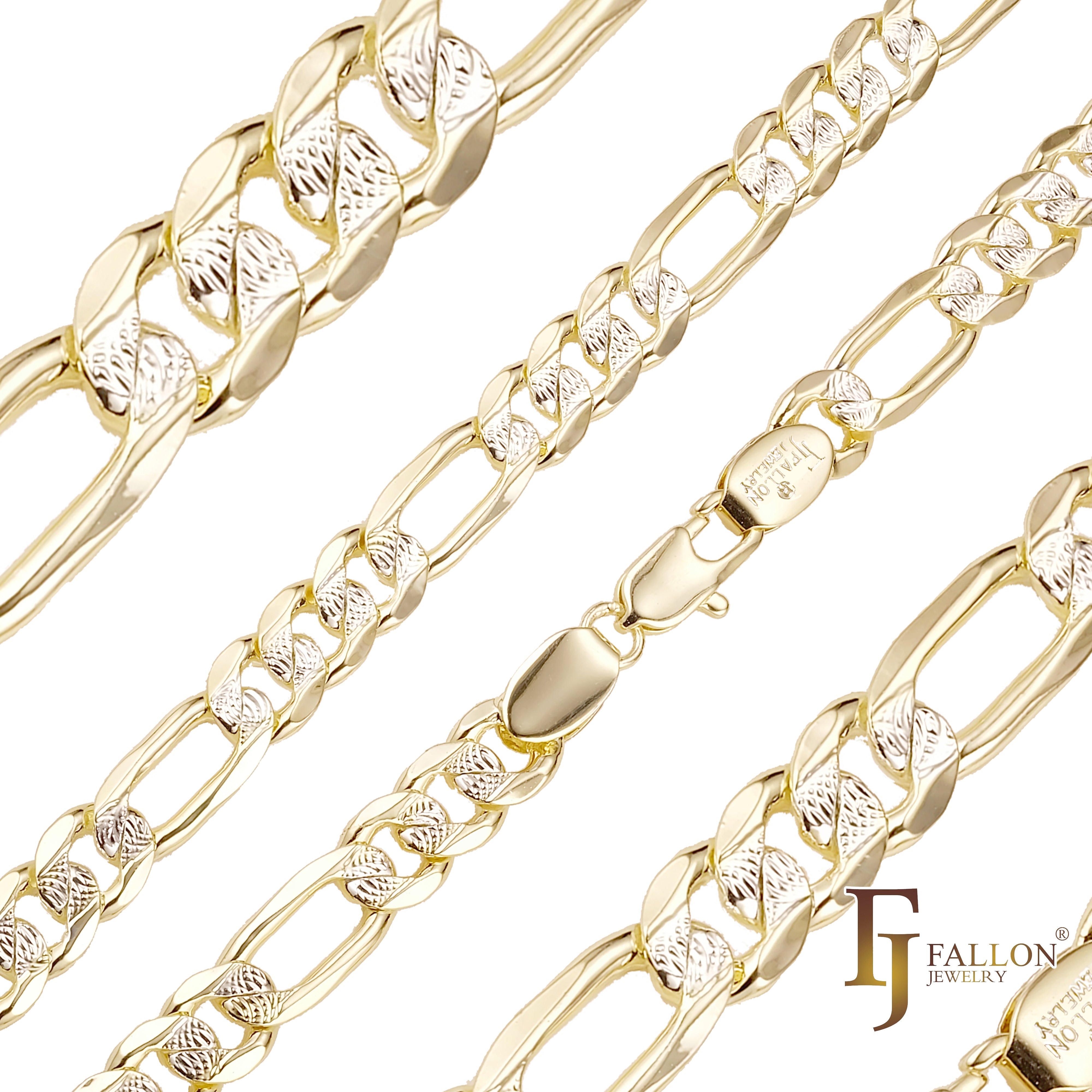.Correntes marteladas com link Figaro banhadas em ouro 14K, ouro rosa, dois tons