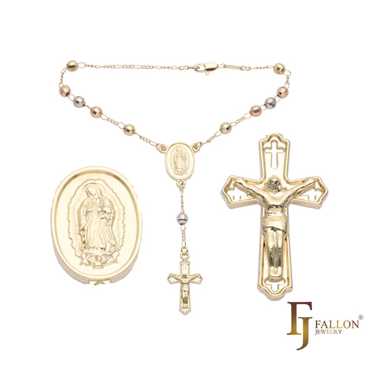 Virgem de Guadalupe Italiana Colar Rosário de contas católicas banhado a ouro branco, ouro 14K, ouro 14K dois tons