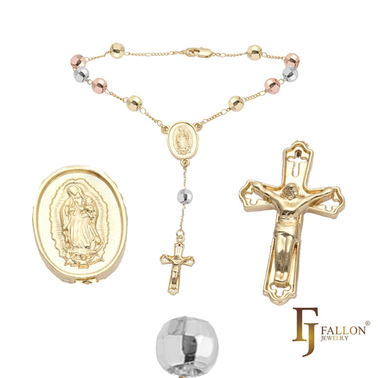 Virgem de Guadalupe Italiana Colar Rosário de contas católicas banhado a ouro branco, ouro 14K, ouro 14K dois tons