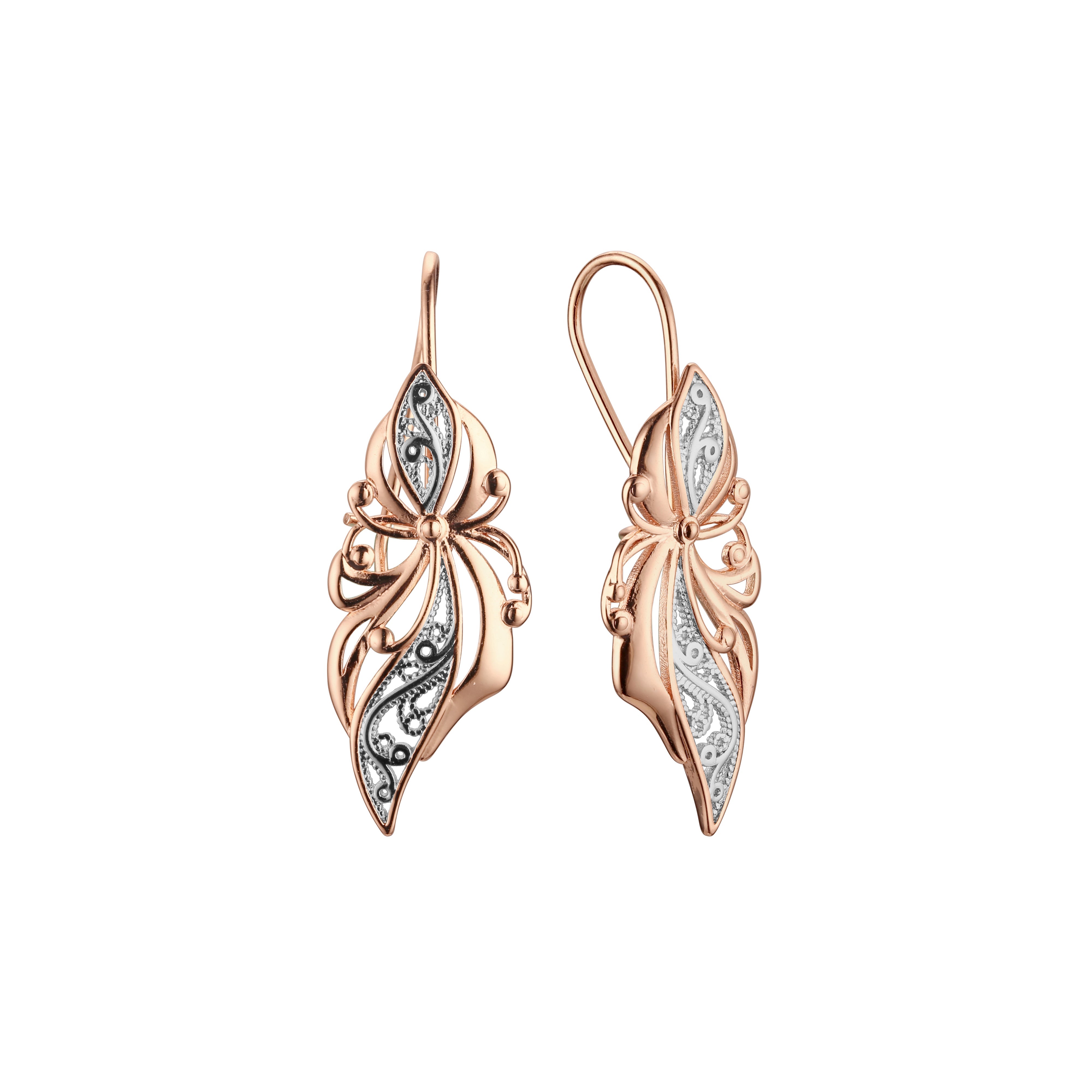 .Flower wire hook earrings in Rose Gold, two tone plating colors