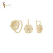 Cluster em forma de flor CZs brancas em ouro 14K, conjunto de joias em ouro rosa com anéis