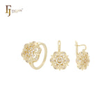 Cluster em forma de flor CZs brancas em ouro 14K, conjunto de joias em ouro rosa com anéis