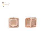Squared Halo white CZs cluster 14K Gold, Rose Gold huggie earrings