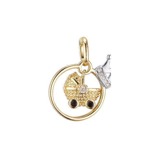 Lindo cochecito de bebé con corona Oro de 14 quilates, colgante de oro rosa