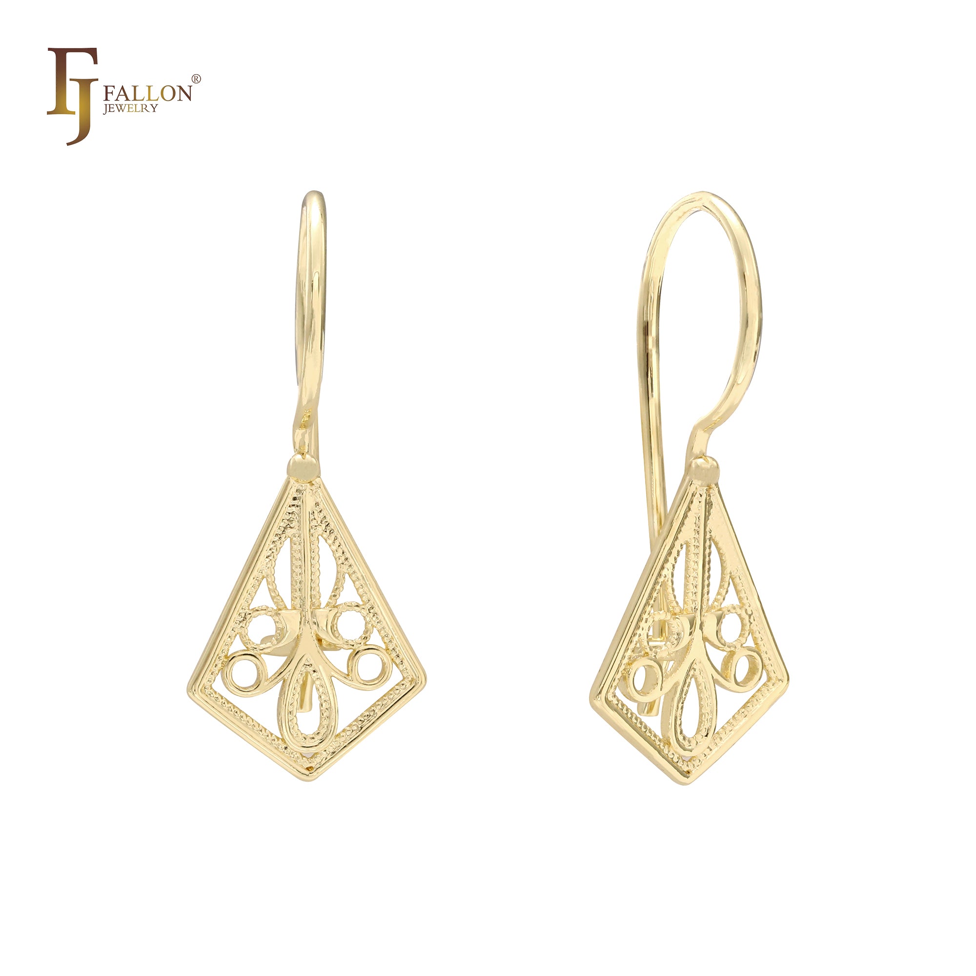 Filigrane Rauten-Ohrringe aus 14 Karat Gold, Roségold und Weißgold mit Drahthaken