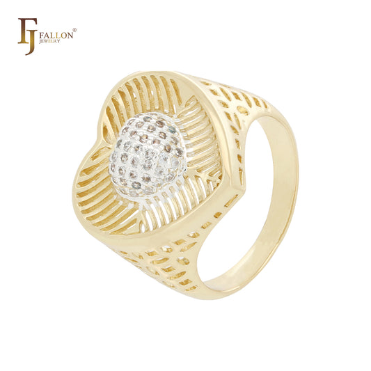 花丝心形簇白色方晶锆石 14K 金两色戒指
