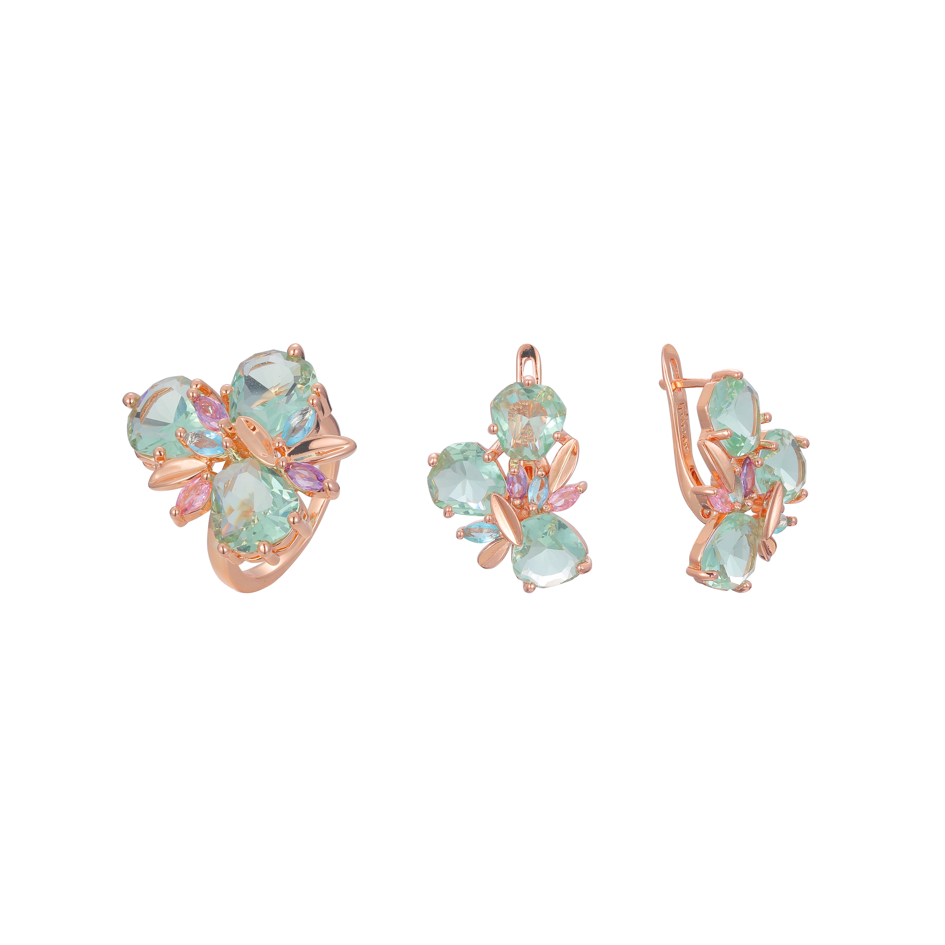 Luxuoso Cluster Verde Maçã misturado colorido CZ Rose Conjunto de joias anéis de ouro