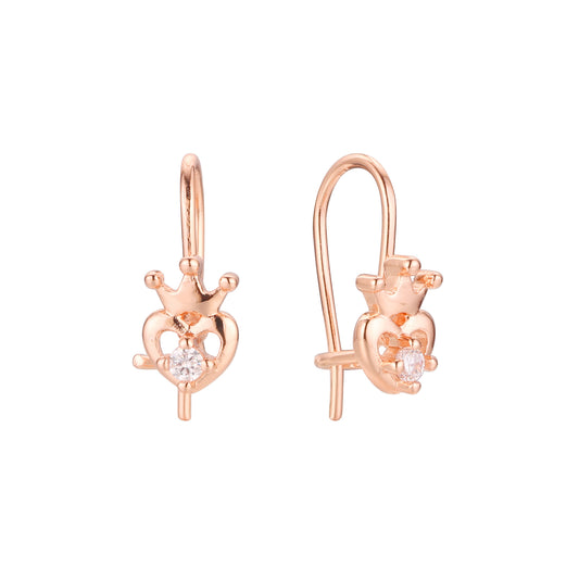 Crown and heart wire hook child earrings in 14K Gold, Rose Gold plating colors