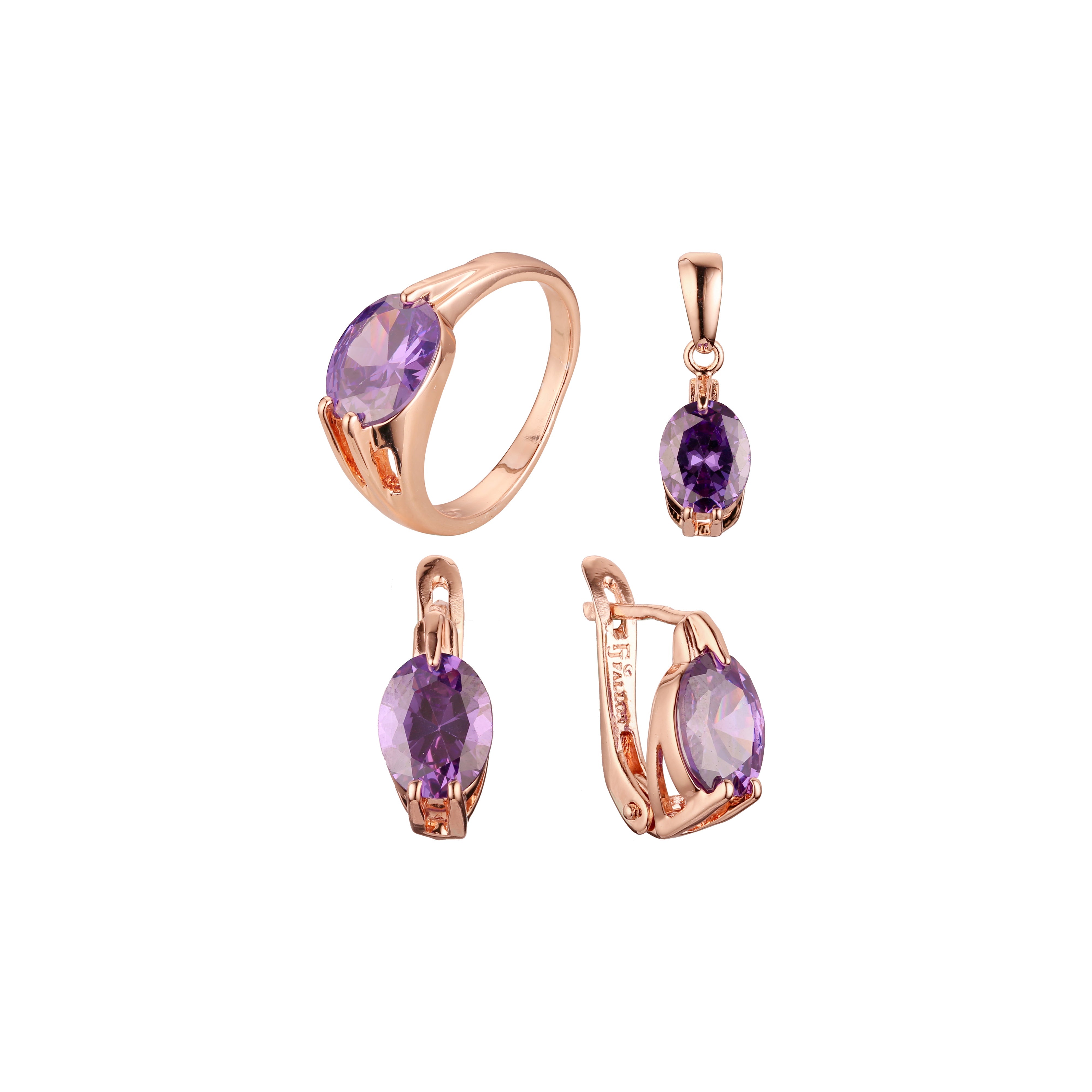 Conjunto de joias Solitaire oval roxo claro banhado em ouro 14K, ouro rosa