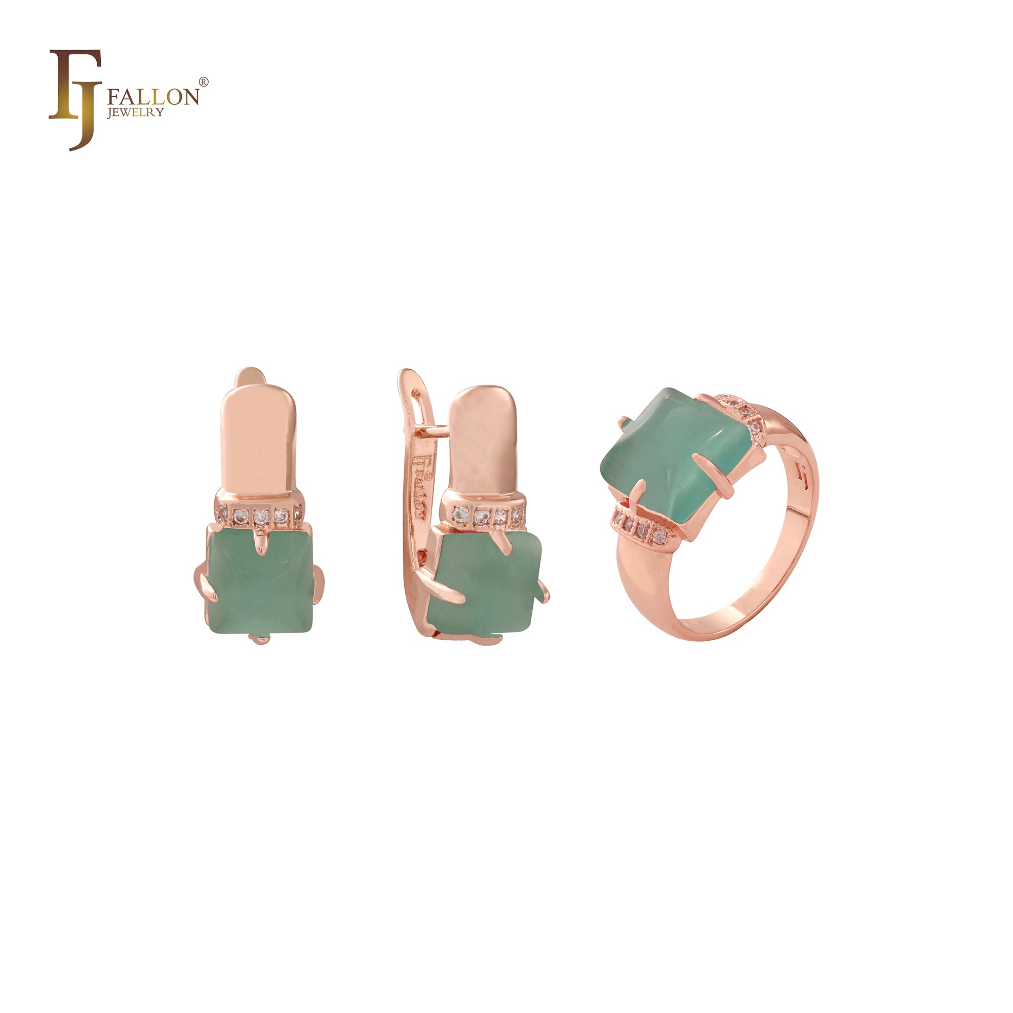 Solitaire Emerald green rounded cushion Rose Gold rings and pendant Jewelry Set