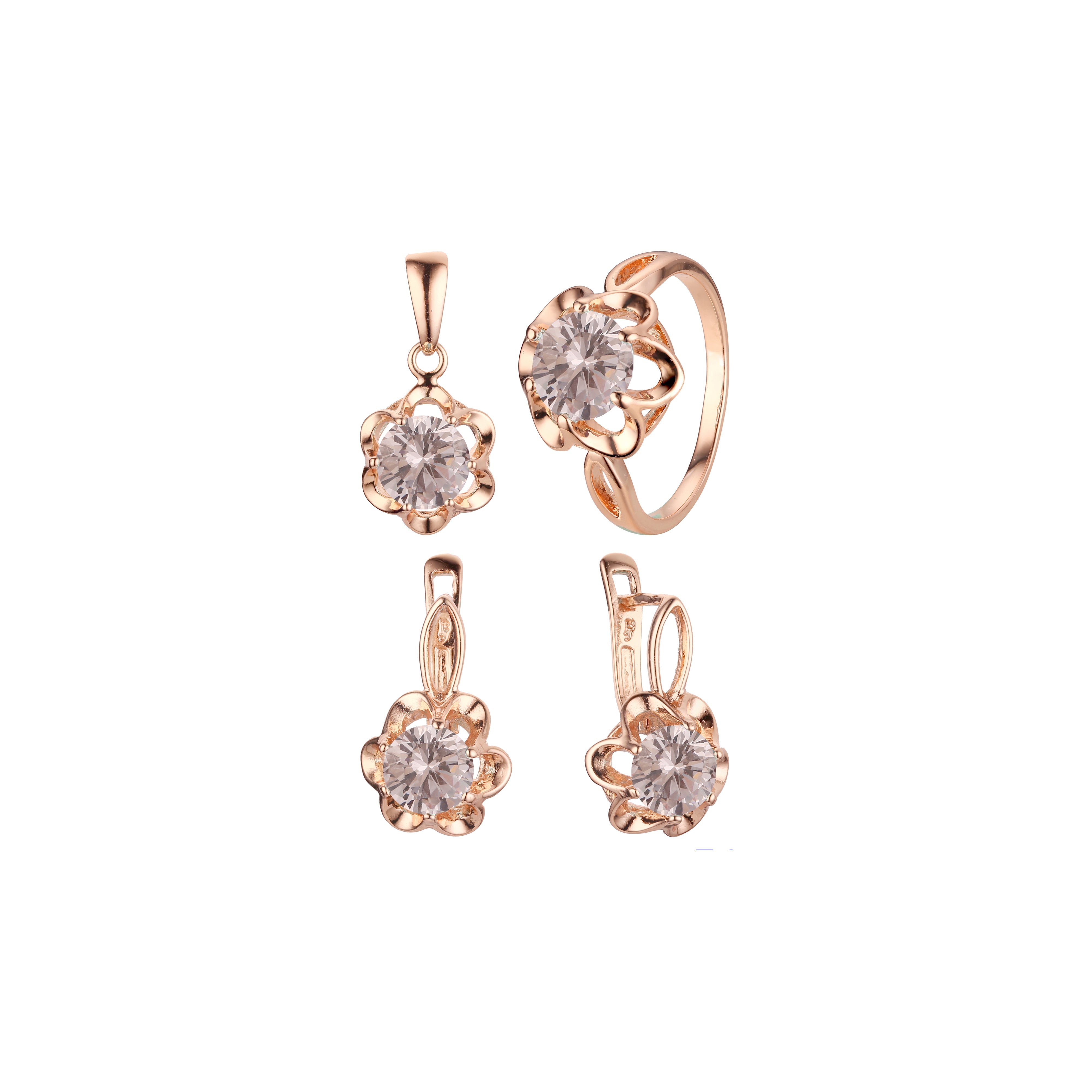 Conjunto de anéis de pedra grande com flor solitária e conjunto de joias com pingente banhado em ouro rosa